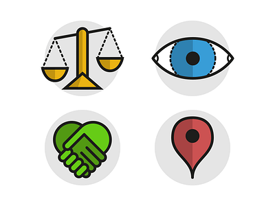 Icons eye handshake icons law location partnership scales vision