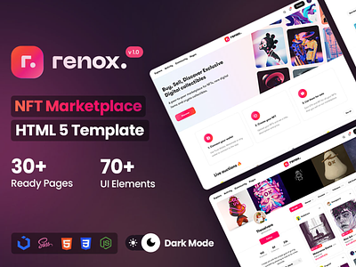 Renox - NFT's Marketplace bitcoin coded template crypto crypto currency crypto-collectibles design digital art digital artist digital items envato gumroad html css html template html5 marketplace nft non-fungible tokens opensea rarible themeforest