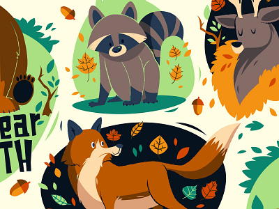 Forest Critters animals bear character cute deer forest fox green illustration leaves raccoon vectors