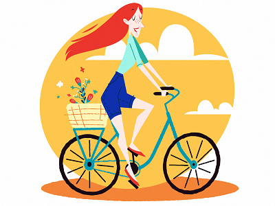 Redhead bike character flowers girl illustration red spring