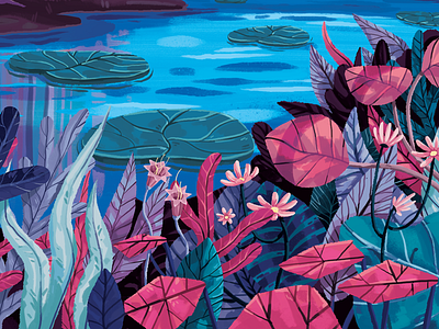 Lakeside Flowers (II) blue decorative flower illustration lake painting pink vegetation yum