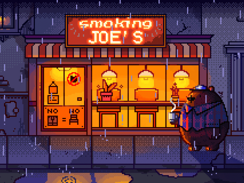 Smoking Joe's animation bear cafe game dev landscape pixel pixelart rain urban