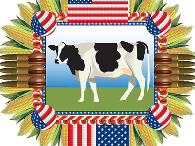 American Industry: Beef and Bullets adobe illustrator american bullets corn cow flag hamburger illustration qcassetti