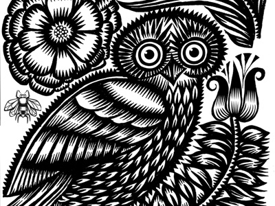 Owl bee black and white decorative deocrataiveillustration drawing floral illustration ithaca line line drawing owl pen and ink qcassetti trumansburg