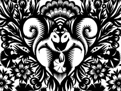Scherenschnitte inspired: squirrels black and white detail floral ink pen pen and ink qcassetti sch scherenschnitte valentine