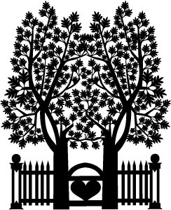 Tree Gate 1 black and white farm heart logo pen and ink scherenschnitte treegate trumansburg
