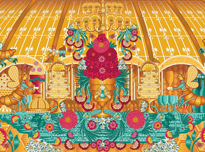 The Queen's Banquet: Galeries Lafayette, Paris 2019 adobe illustrator bees floral flowers galerieslafayette gold illustration paris qcassetti retail table trumansburg visual window