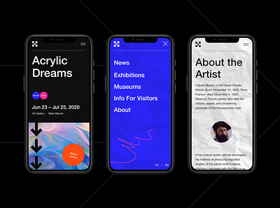 Responsive UI for Art Gallery website art art gallery burger menu dark ui design header interface menu mobile responsive design swiss design swiss style ui ui ux uidesign web webdesign