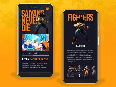 Dragon Ball Fighter Z - Mobile Concept concept dbz design dragon ball dragon ball z gaming grid landing page layout mobile orange purple ui videogames