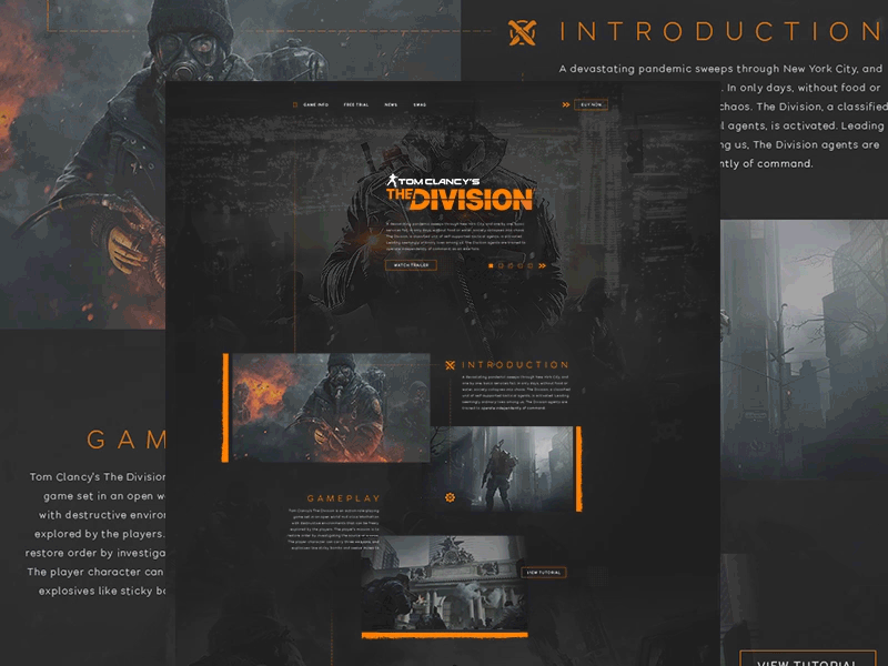 The Division - Mockup Concept black design gaming grid grunge guns landing page orange shooter the division video games web mock