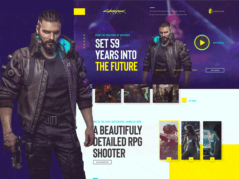 Cyber Punk 2077 - Mock Concept androids concept cyber punk 2077 design future gaming grid landing page mockup purple ui videogames website yellow