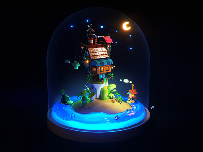 Pirate´s House, Night 3d beach blue building cinema4d fishing house lights moon night pirate sea stars