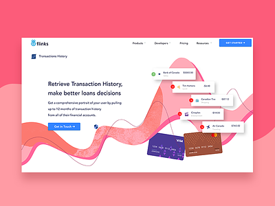 Transactions history -product page features financial fintech flinks header illustration key visual layout product features product page transactions transactions history ui website
