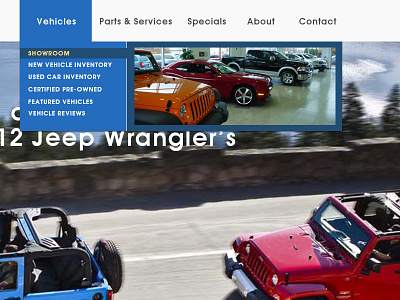 Dealership Mockup blue dealership dropdown jeeps red ui website