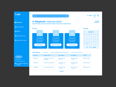 Wireframe for a credit reporting dashboard