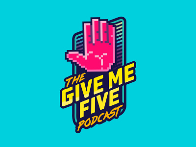 The Give Me Five Podcast logo 80s badge branding graphic design hand high five illustration logo nostalgia pixel vector