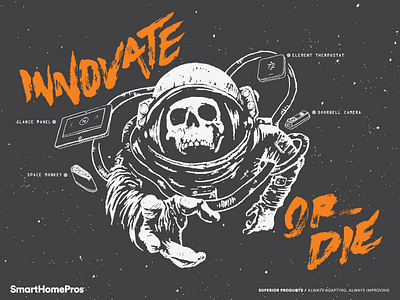 Innovate Or Die astronaut brush hand lettering illustration skull space