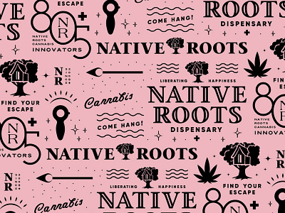 Native Roots Cannabis Branding Wallpaper Pattern 2 black cannabis cannabis brand cannabis branding cannabis logo dispensary dispensary brand dispensary branding dispensary logo lettering logo marijuana brand marijuana logo native roots pink treehouse two color typography weed branding weed logo