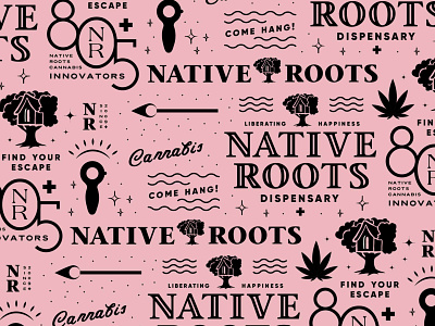 Native Roots Cannabis Branding Wallpaper Pattern 2 black cannabis cannabis brand cannabis branding cannabis logo dispensary dispensary brand dispensary branding dispensary logo lettering logo marijuana brand marijuana logo native roots pink treehouse two color typography weed branding weed logo