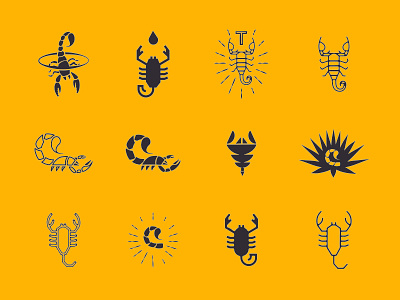 Telson Tequila Scorpions animal black brand branding crustaceans icon illustration logo scorpion telson tequila vector yellow