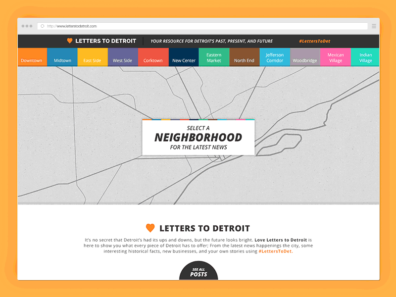 (GIF) LOVE LETTERS TO DETROIT demo gif blog modern minimal interface ui ux detroit michigan content neighborhoods