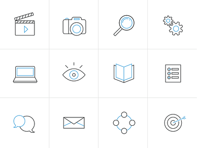 Two-Color Line Icons book icon integration marketing photo search seo social tone two video visuals