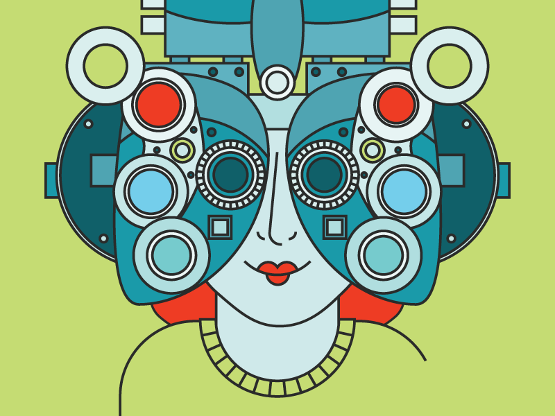 Eye Sore red hair ginger woman lips lipstick phoropter illustration tech optometrist optometry glasses