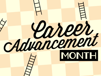 Career Advancement Month banner board career checker childhood chutes game ladders retro web