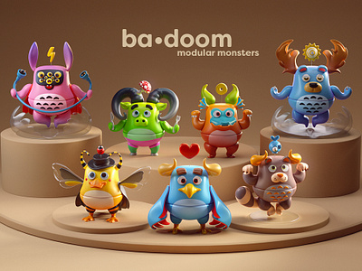 ba•doom | modular monsters 3d character design illustration monster vector