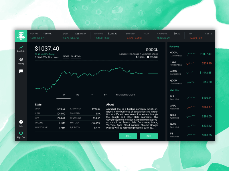 Robinhood Web App (updated w/light theme) app dashboard investment robinhood stocks trade trading ui ux web