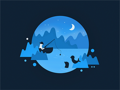 Seals boat brushes fisherman fishing hills illustration illustrator moon night seal seals stars