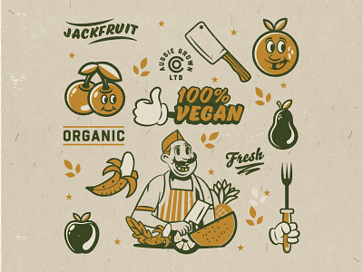 Fruit Butcher branding fruit illustration mascot organic packaging design texture vector vintage