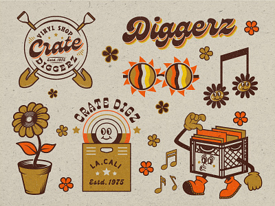 Crate Diggerz Records apparel brand illustration logo mascot music record texture tshirt vintage vinyl