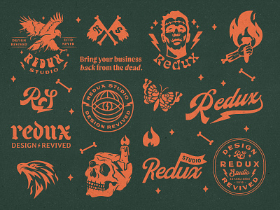 Redux Studio apparel brand branding branding and identity eagle electric fire frankenstein illustration phoenix skull texture tshirt typography vintage logo
