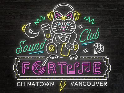 Lucky DJ Fortune Cat Neon cat chinese custom typography dj fortune lucky mockup monoline neon neon sign signage typography