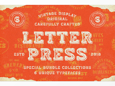 Letterpress Font Bundle Vol 1.0 badge branding crafted font label letterpress logo logotype packaging retro typography vintage