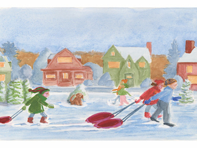 Holiday card gouache holiday holiday card illustratiom sledding watercolor