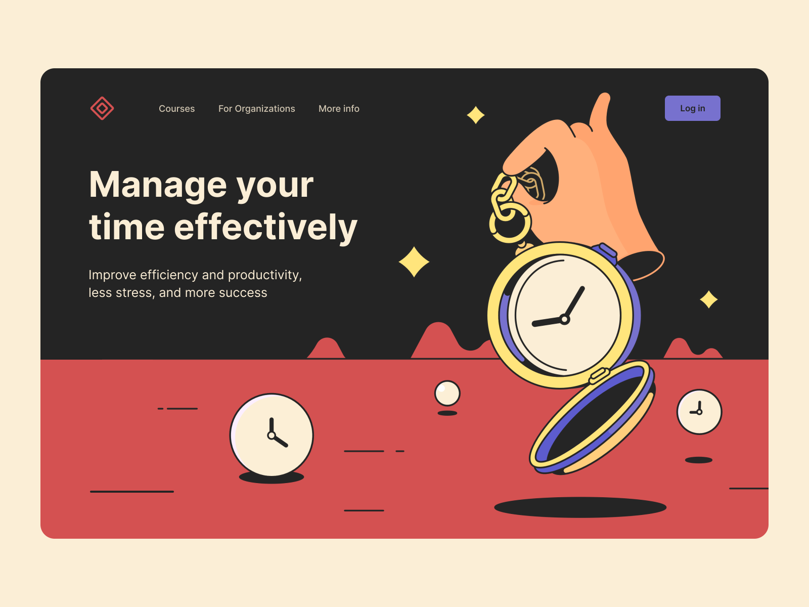 Time management - Online courses main page art artwork clock creative web creative website hand illustration landscape main page online course perfect colors perfect pixel perfect web surrealism time time management unusual vector illustration vectorart watch