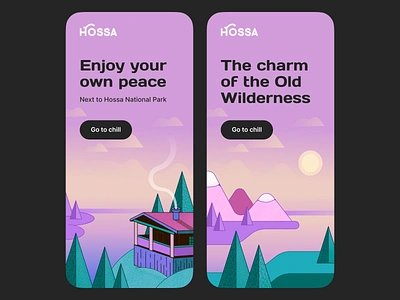 Finland landscape illustrations | Hossa National Park chill clean minimal design finland green landscape mobile mountains nature nature illustrations perfect colors perfect pixel river tree ui illustrations vacation vector illustration web web illustrations