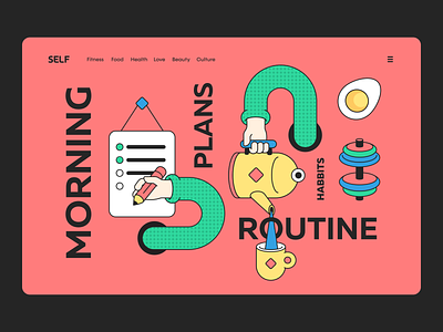 Morning routine | article cover illustration affinitydesigner breakfast cover article digital illustration egg fitness food illustration graphic design healthy life mainpage design morning routine habits perfect colors perfect pixel plans tea teapot ui illustration vector illustration web design web illustration