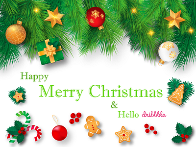 Happy Merry Christmas & Hello Dribbble Family art branding clean design dribbble dribbble invite flat happy merry chrismast illustration invite member new