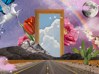 Self-Reflection Collage | Magical Realism Digital Art aesthetic angel butterfly cactus cloud collage collage design design digital art flower frame graphic illustration mirror moon nature road sparkle surreal unicorn