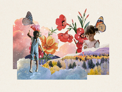 Imaginative Magical Realism Collage | Kid & Nature PNG Elements aesthetic background aesthetic wallpaper butterfly cloud collage art digital art elements design girl graphic illustartion magical realism mixed media png print remix retro sparkles surreal trees vintage
