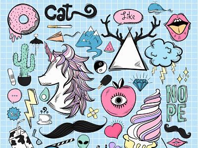 Hello Dribbble alien apples donuts doodles fresh hipster icons illustration pastel social media unicorn