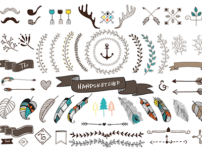 Hand-sketched Tribal Arts Vector anchor arrows deer feathers flowers hipster leaves motifs pipes ribbons sketch tribal