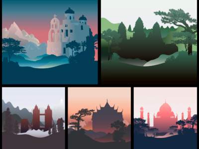 Silhouette of Landmarks ankor wat bangkok cambodia design destination digital art free freebie graphic illustration landmark london bridge pastel santorini sightseeing silhouette taj mahal tourism travel vector