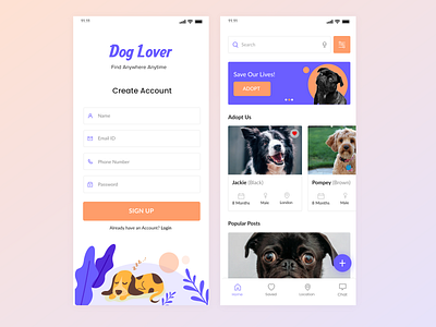 Dog Lover - Mobile App Design adobe xd adobexd app design dogs app illustrations minimal design mobile app design mobile ui mobile ui design pets ui ui design ux design