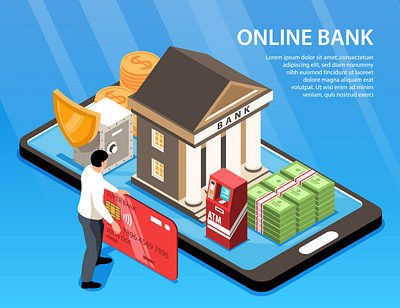 Man using online bank application bank illustration isometric online vector