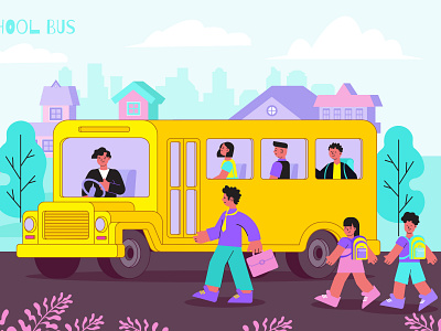 Yellow school bus and schoolchildren flat illustration school bus schoolchildren vector