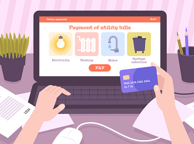 Online payment utilities composition flat illustration online payment vector workspace